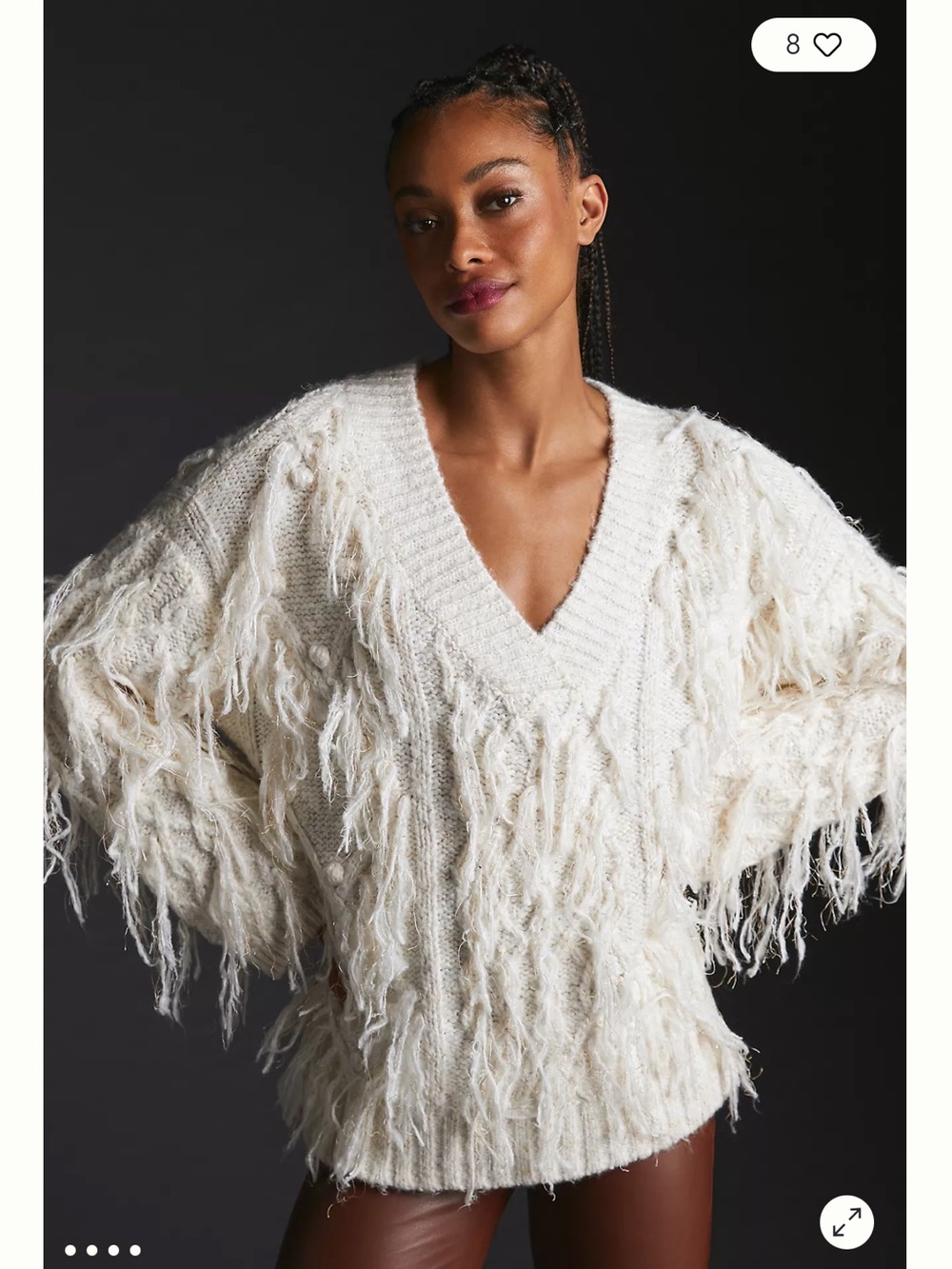 Women's Ivory V-Neck Fringe Sweater